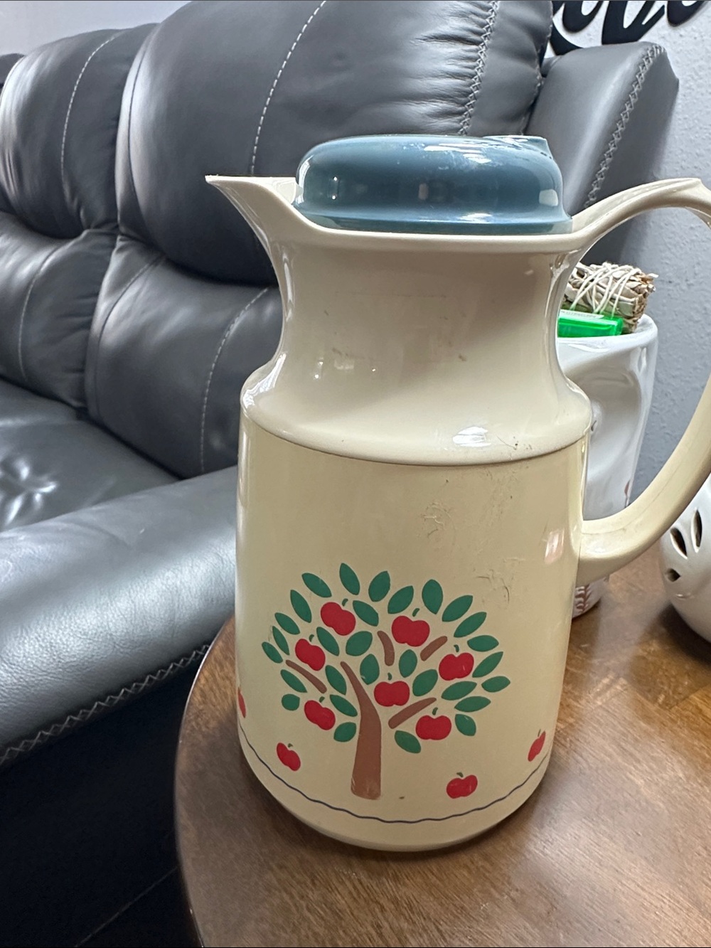 Vintage Cream Coffee Thermos Pitcher with Apple Tree Motif and Blue Lid